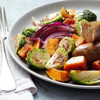 Apple sausage with squash and brussels