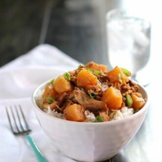 BBQ chicken bowl pineapple and rice and broccoli for 2