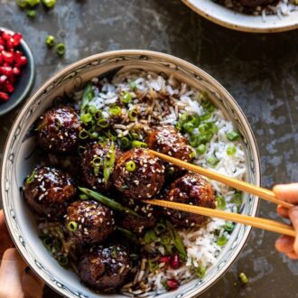 Sticky sesame, ginger beef meatballs