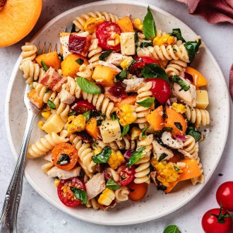 Chicken, Bacon, Peach Pasta Salad